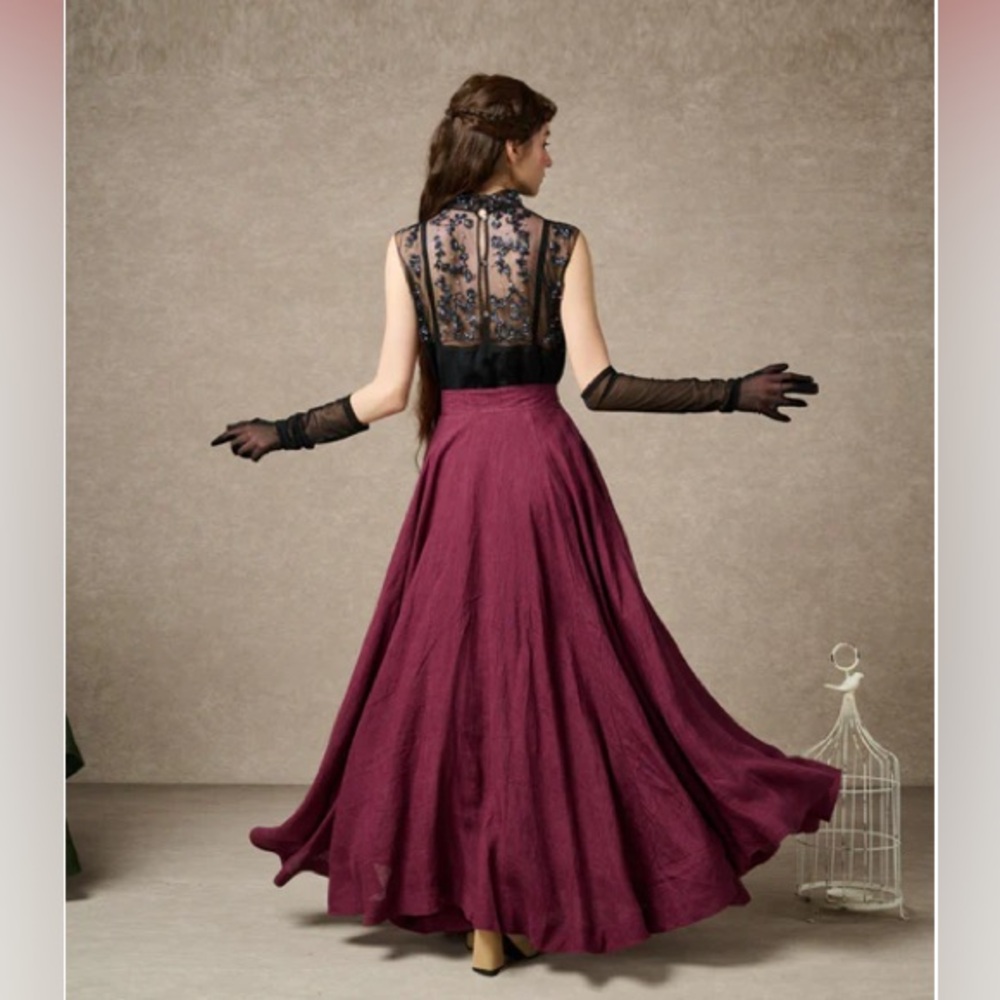 NEW XL Linnennaive Maxi Cherry 22 Skirt in Plum Purple. Linen. Lined. Pockets. - Picture 5 of 12